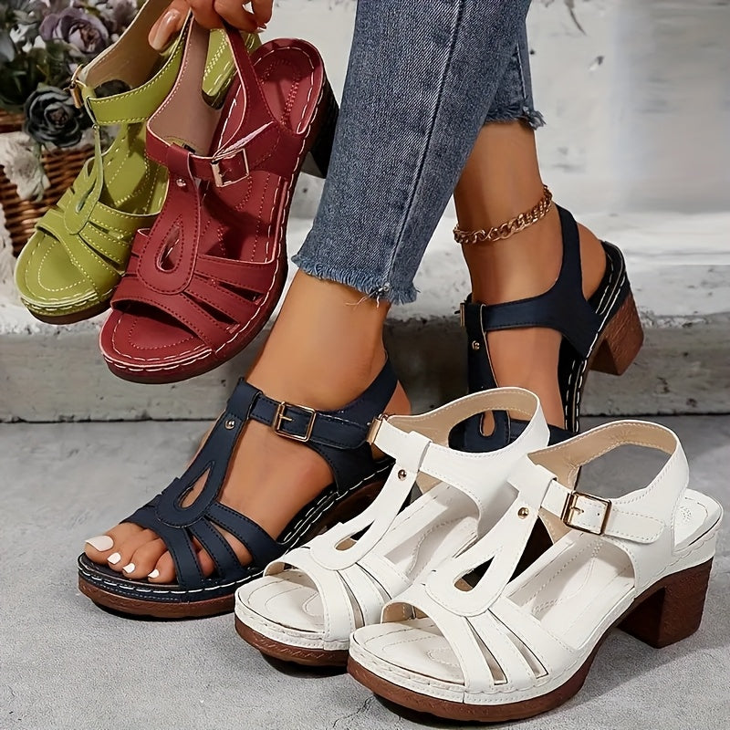 Women's Elegant Solid Color Open-Toe High Heel Sandals with Closure, Faux Cover Upper & Rubber Sole - Red, Navy Blue, White Options for Stylish Summer Outfits